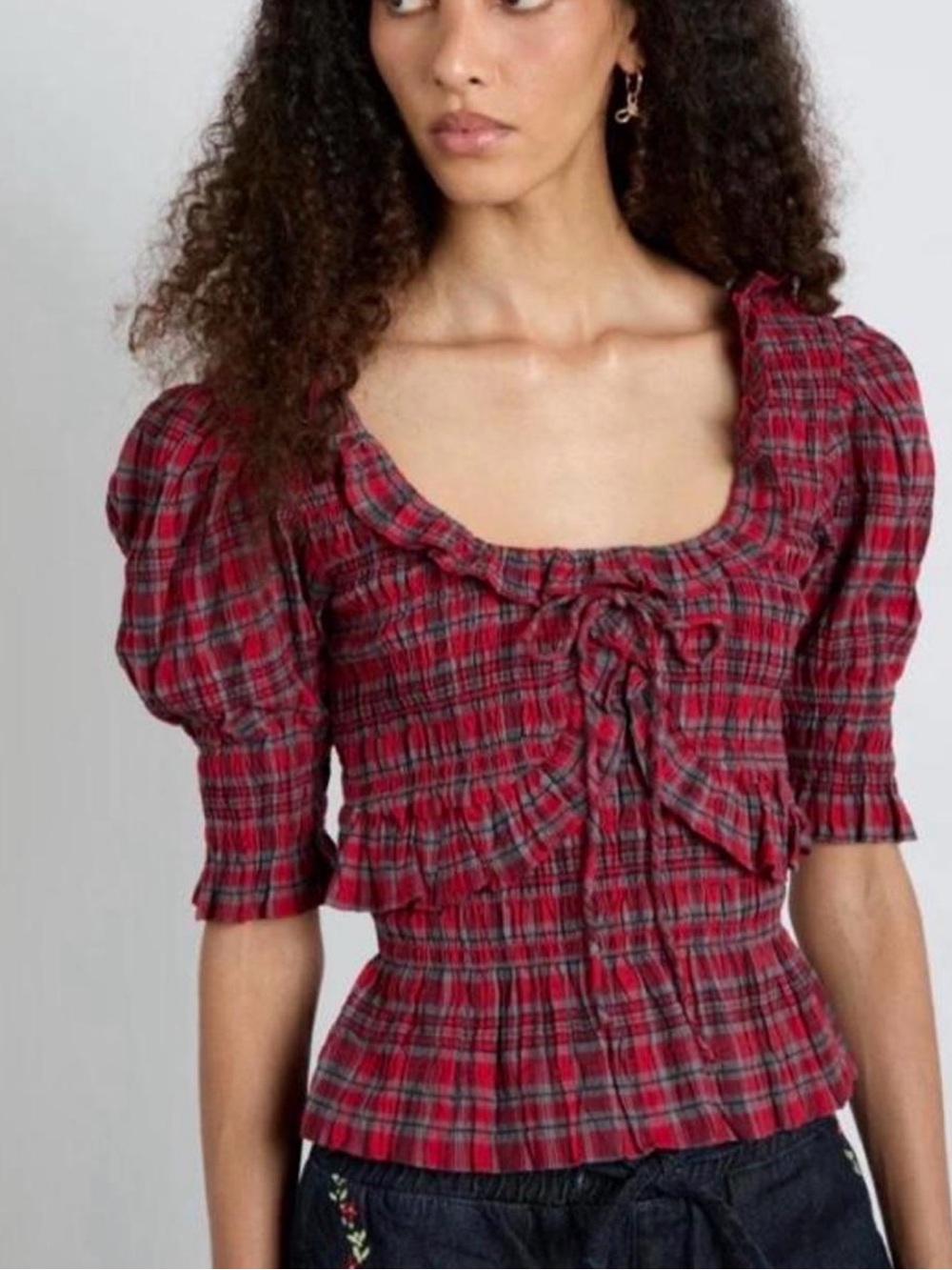 Damson Madder Red Plaid Smocked Meghan Blouse Size UK 14 / US 10 coquette Punk